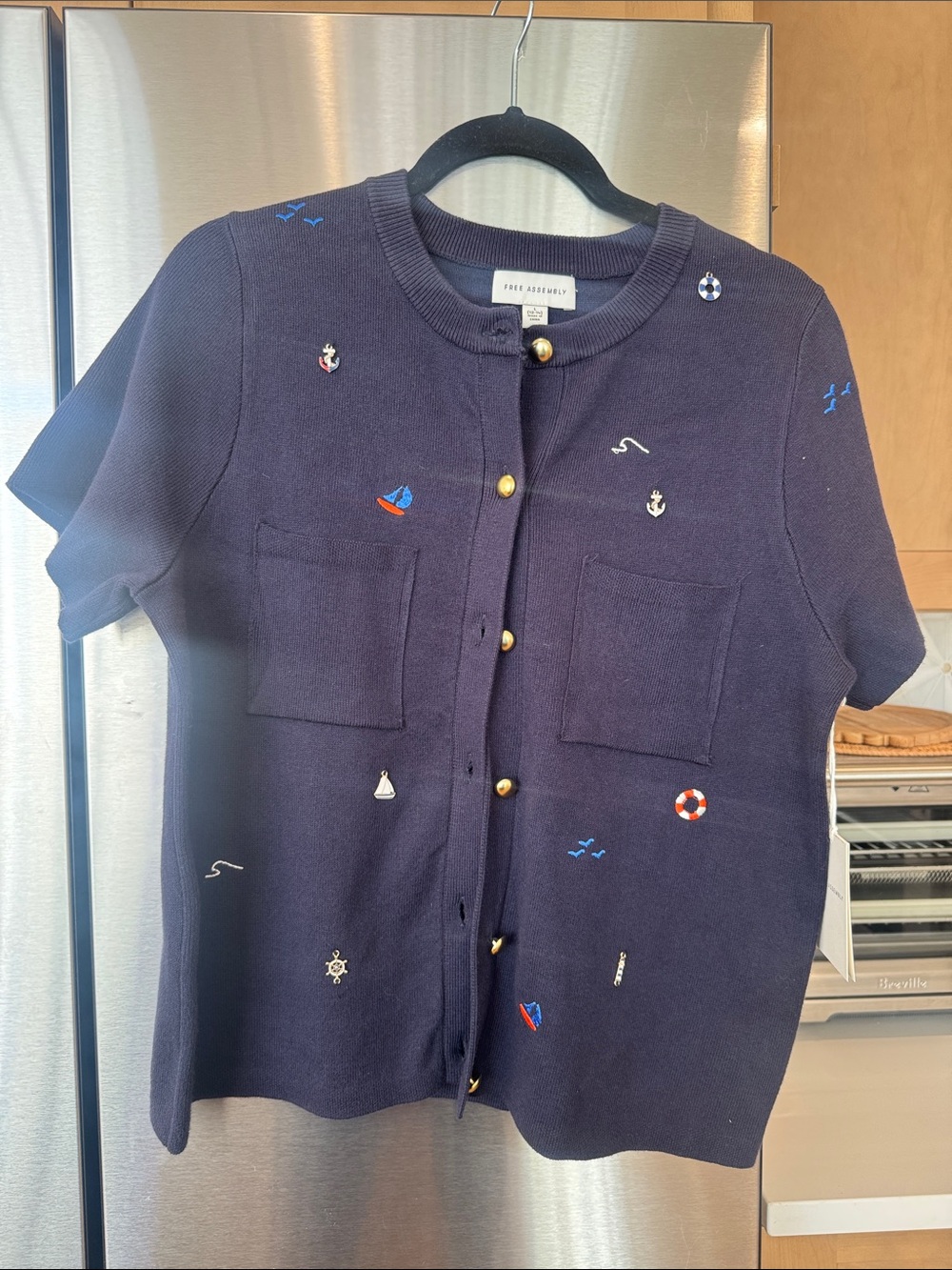 Short-Sleeve Embroidered Nautical Cardigan - Navy